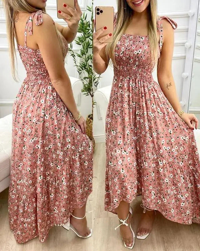 Vestido largo floral para mujer con tirantes anudados y corpiño fruncido