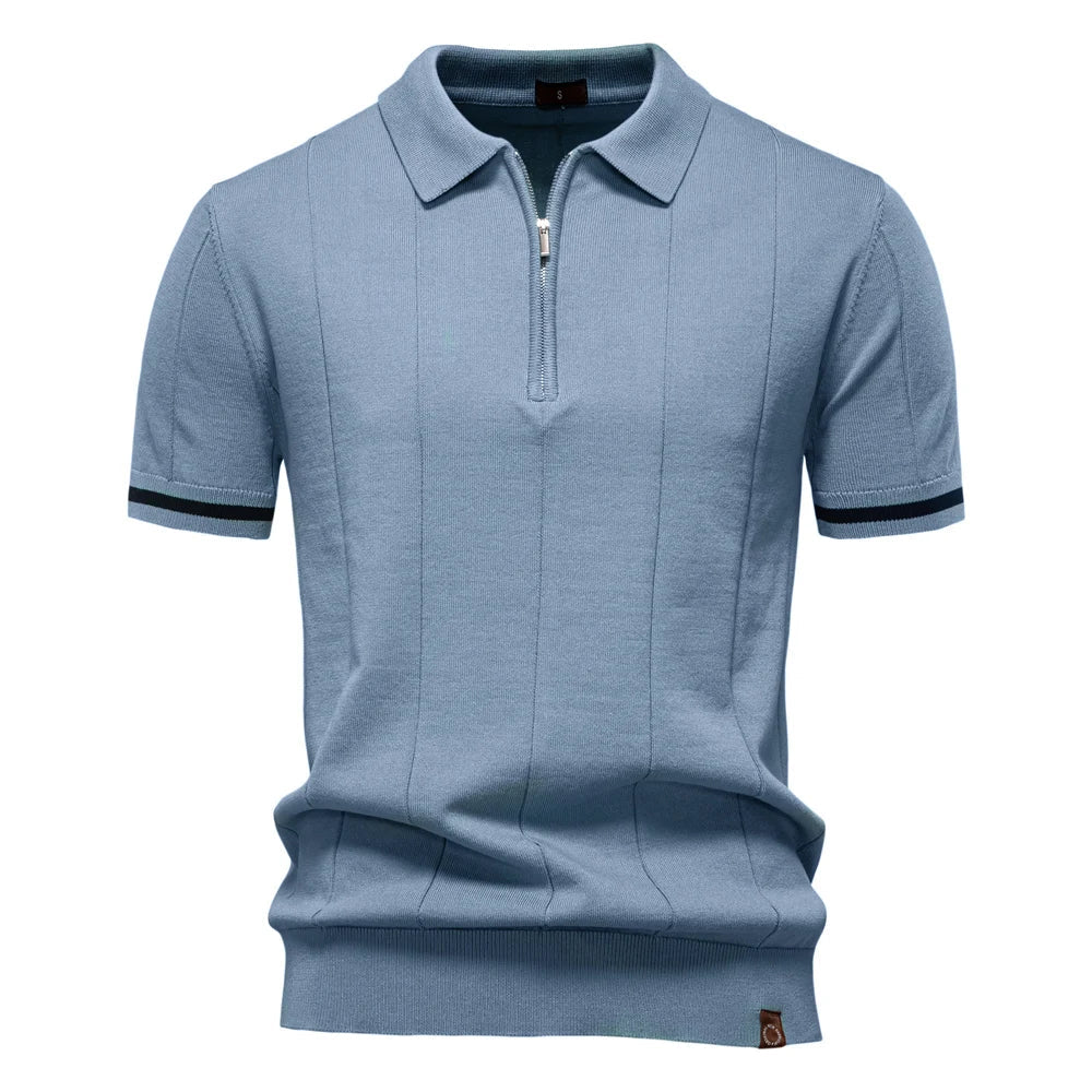 Polo de manga corta con cremallera para hombre, ribete en contraste y corte ajustado