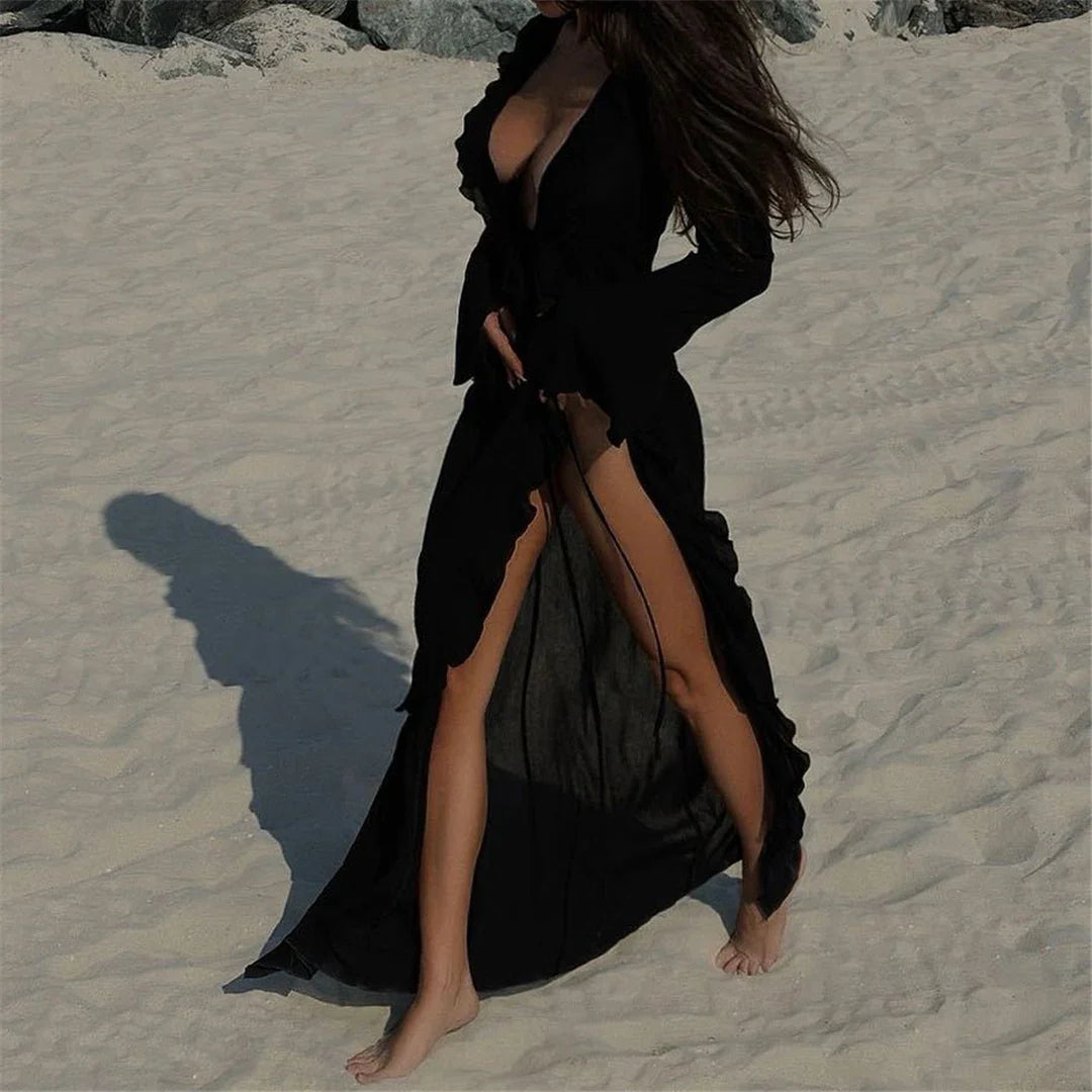 Vestido playero largo con cuello en V y mangas largas con volantes para mujer
