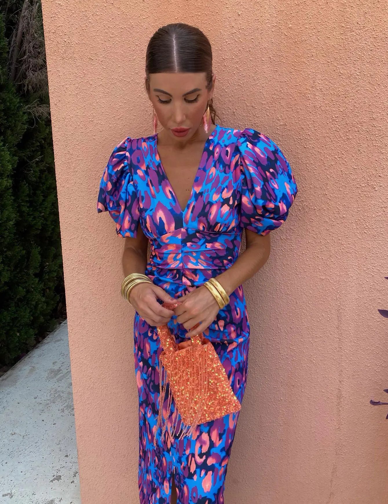 Vestido midi para mujer: elegante vestido de fiesta con mangas abullonadas y fruncido