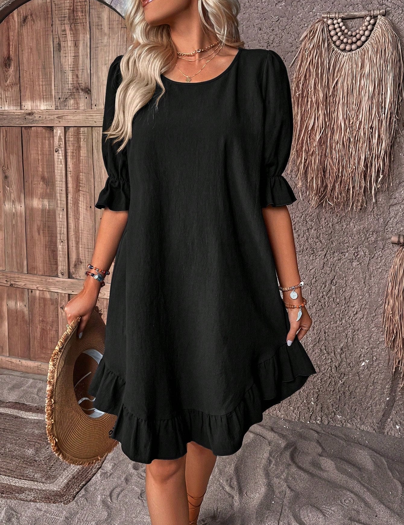 Vestido midi de verano con volantes y manga corta para mujer