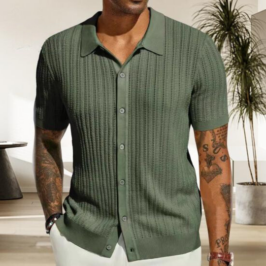 Camisa de punto con botones para hombre con textura acanalada suave