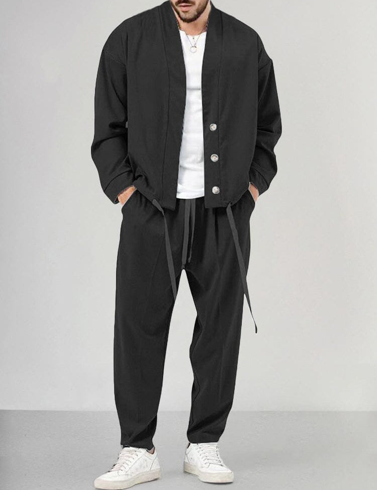 Conjunto relajado de 2 piezas para hombre con chaqueta y pantalón abotonados