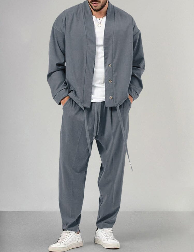 Conjunto relajado de 2 piezas para hombre con chaqueta y pantalón abotonados