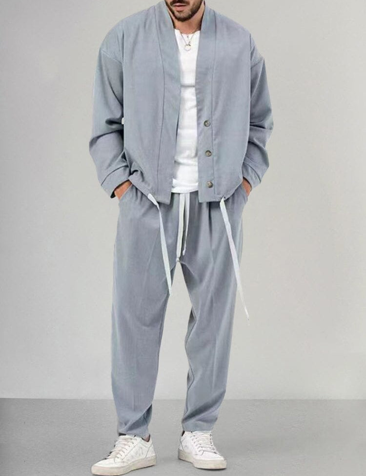 Conjunto relajado de 2 piezas para hombre con chaqueta y pantalón abotonados