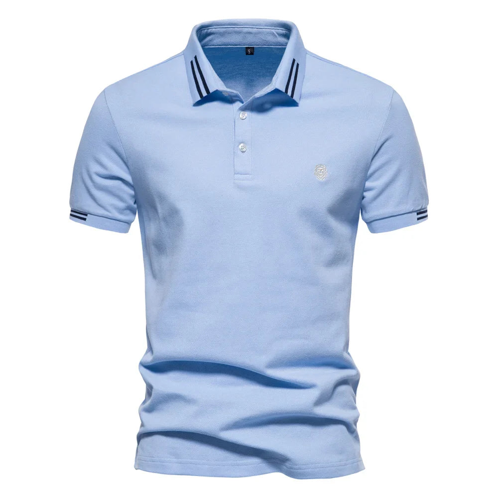 Polo de manga corta para hombre con ribete de rayas y logotipo en el pecho