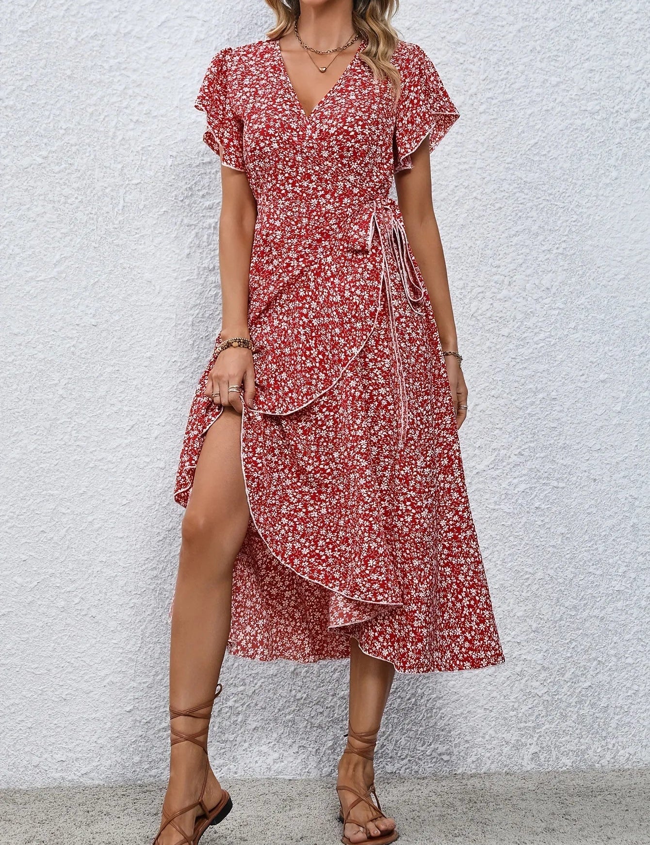 Vestido mini cruzado floral con escote en V para mujer, mangas cortas y lazo en la cintura