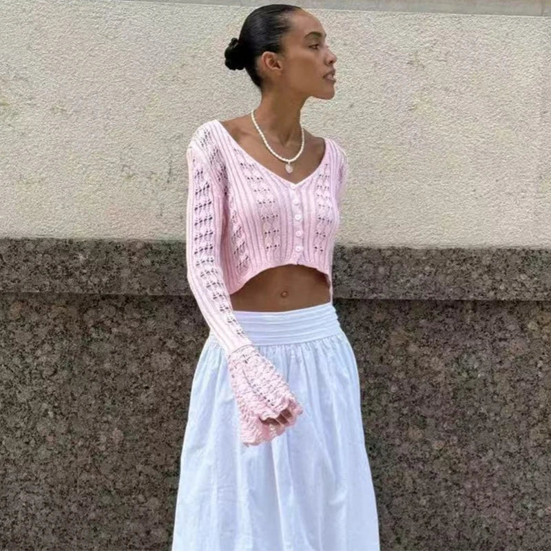 Cárdigan de manga larga tejido a crochet para mujer con cuello en V y botones en la parte delantera