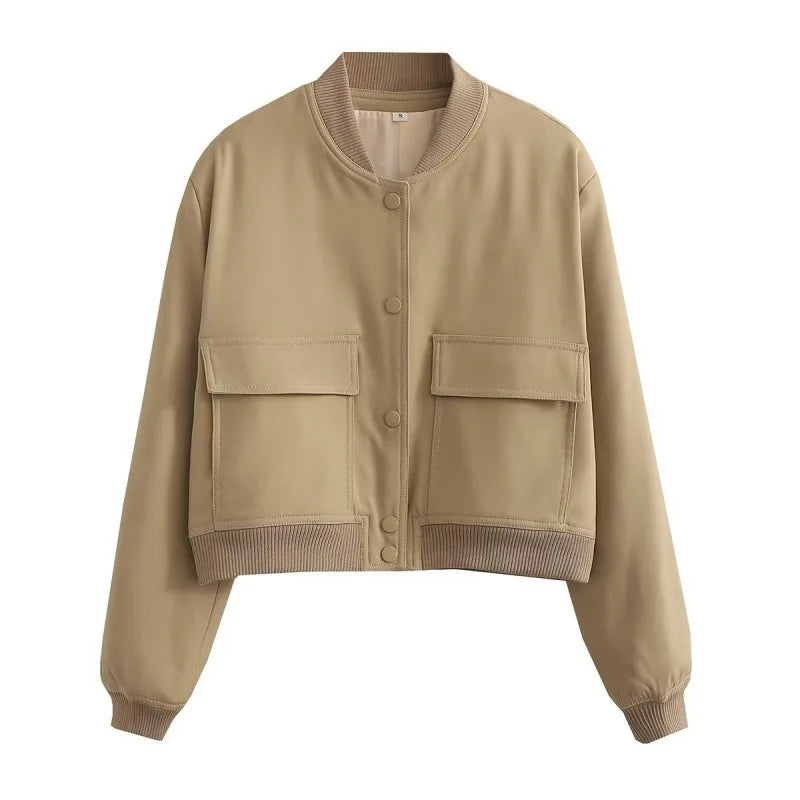 Chaqueta bomber informal para mujer con botones delanteros y bolsillos con solapa