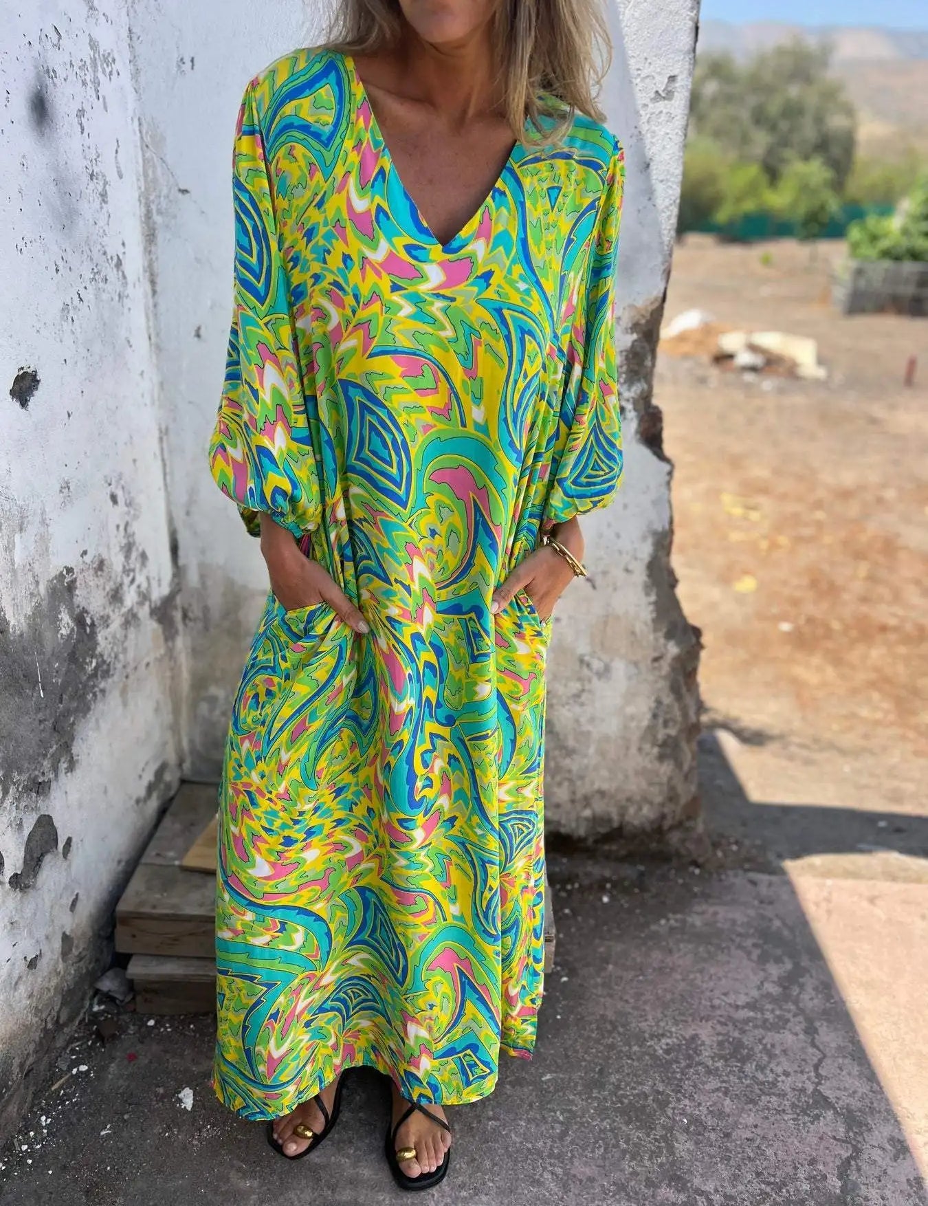 Vestido largo bohemio estampado para mujer con escote en V y bolsillos
