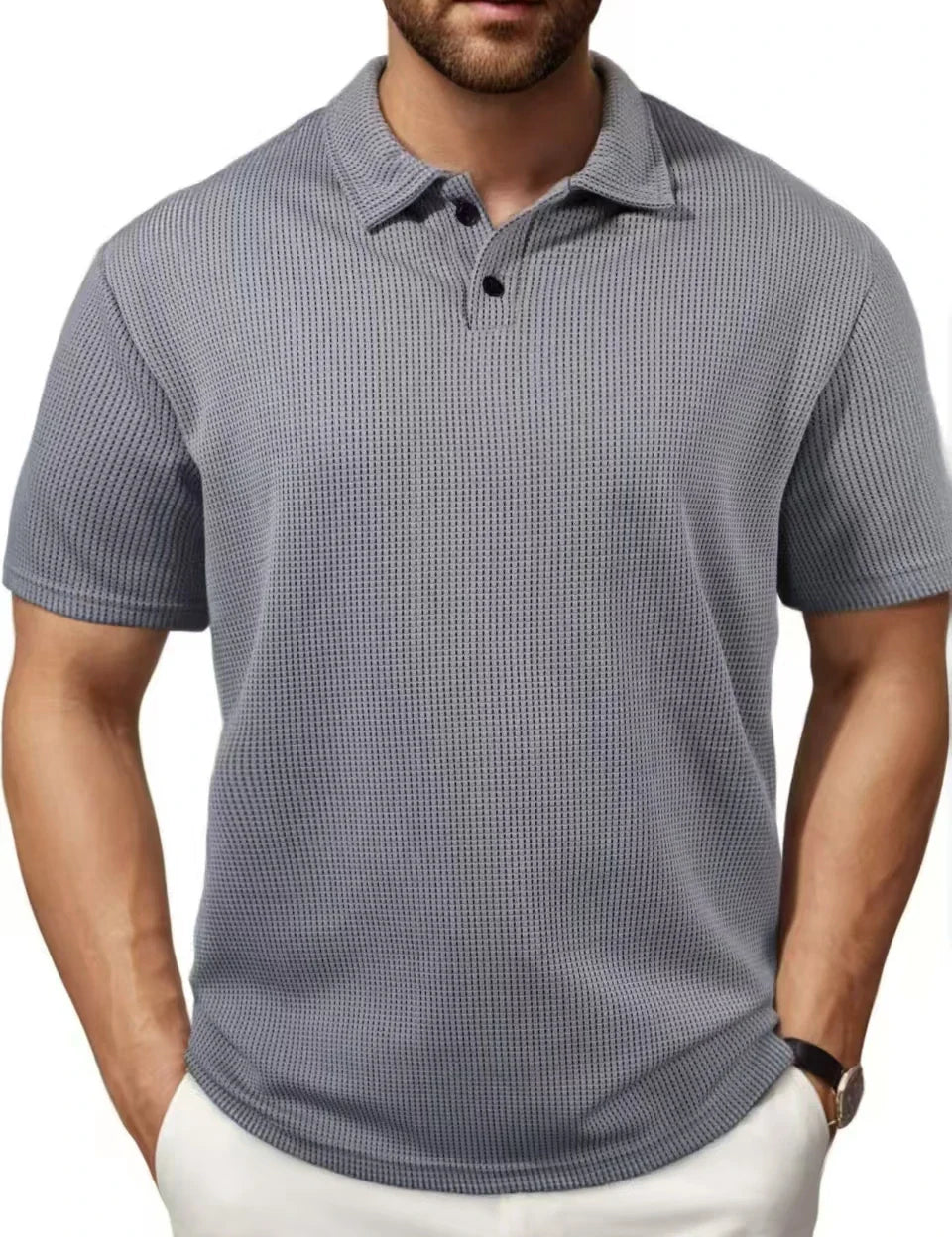 Polo de punto de manga corta para hombre con diseño texturizado transpirable