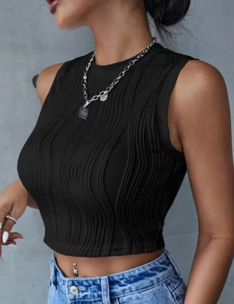 Top corto ajustado sin mangas con cuello alto acanalado para mujer