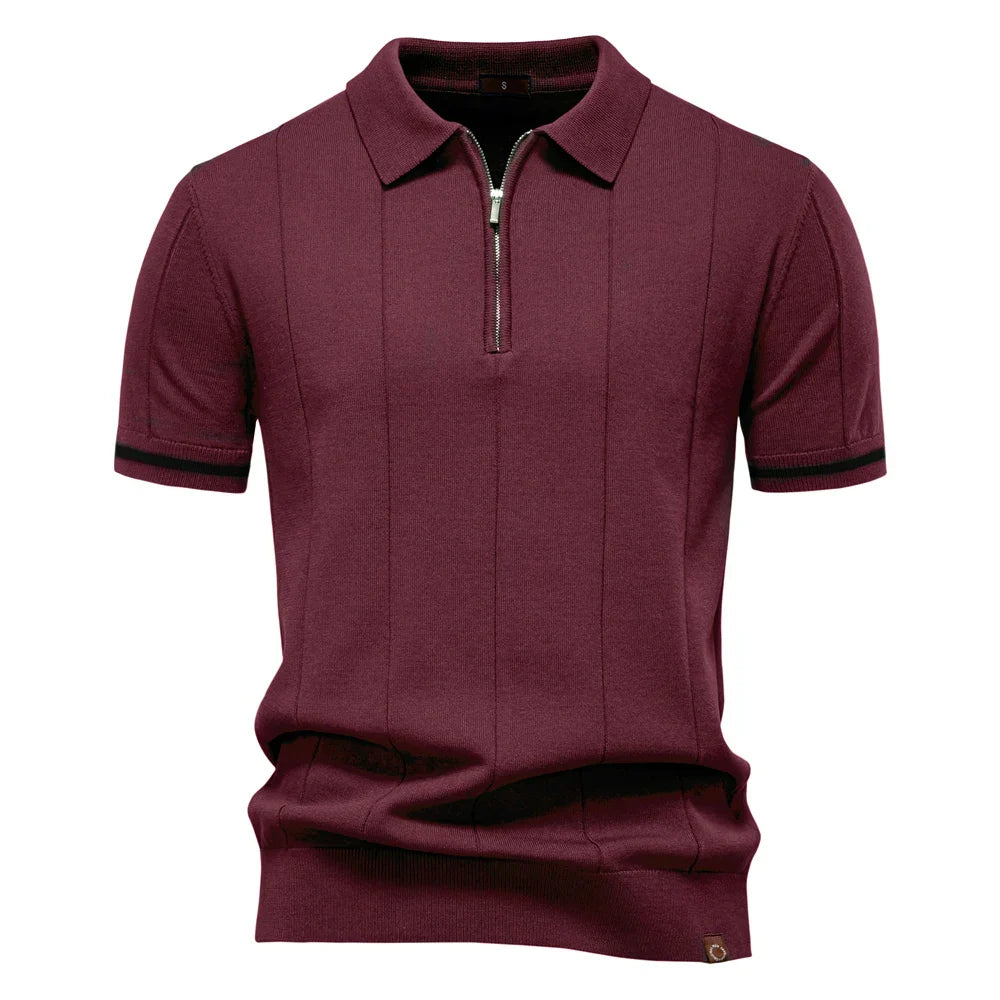 Polo de manga corta con cremallera para hombre, ribete en contraste y corte ajustado