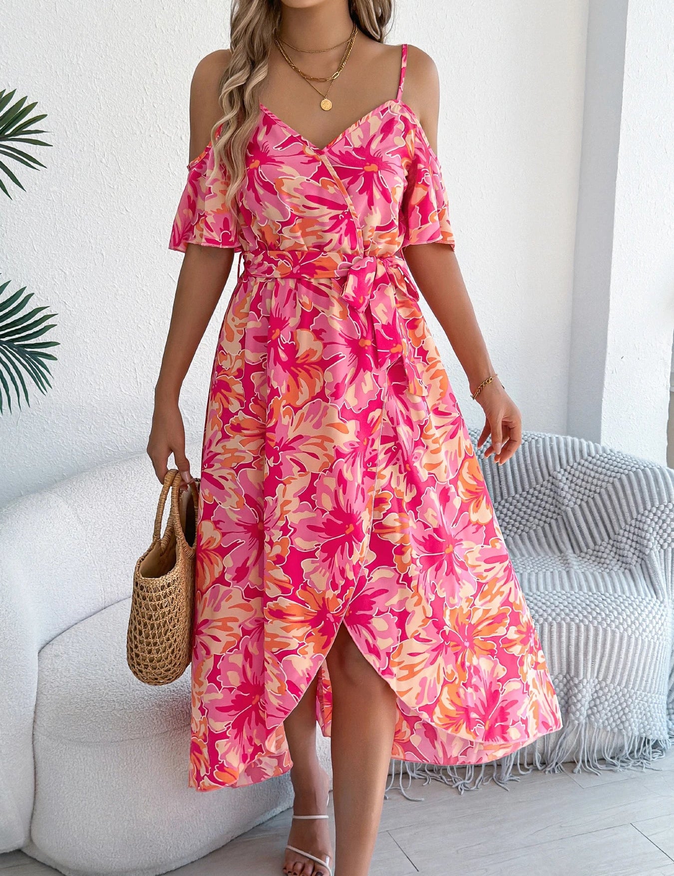 Women's Off-Shoulder Floral Wrap Maxi Dress with Belt and Side Slit