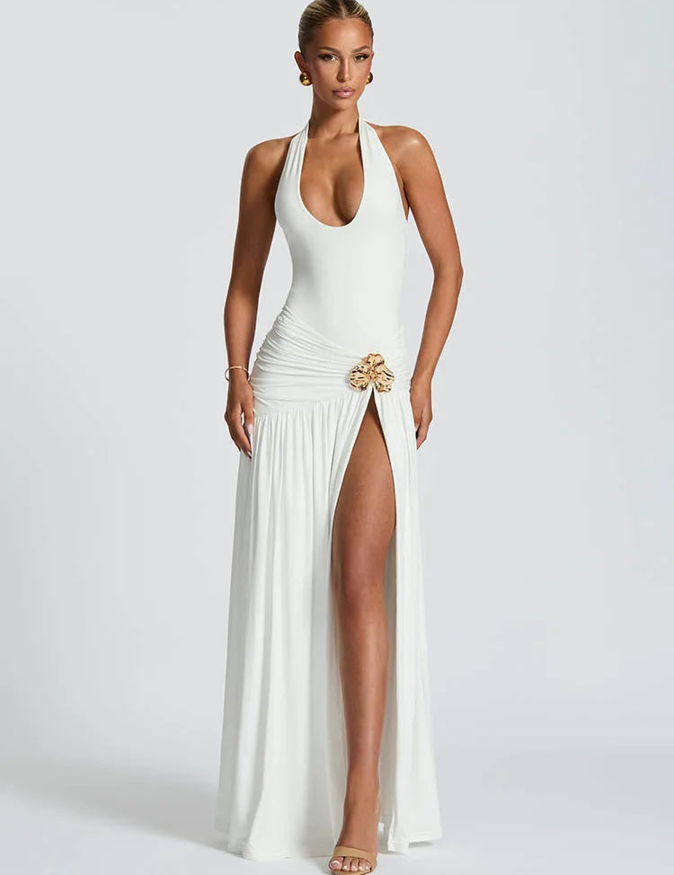 Conjunto de vestido largo halter para mujer con abertura alta y cintura fruncida
