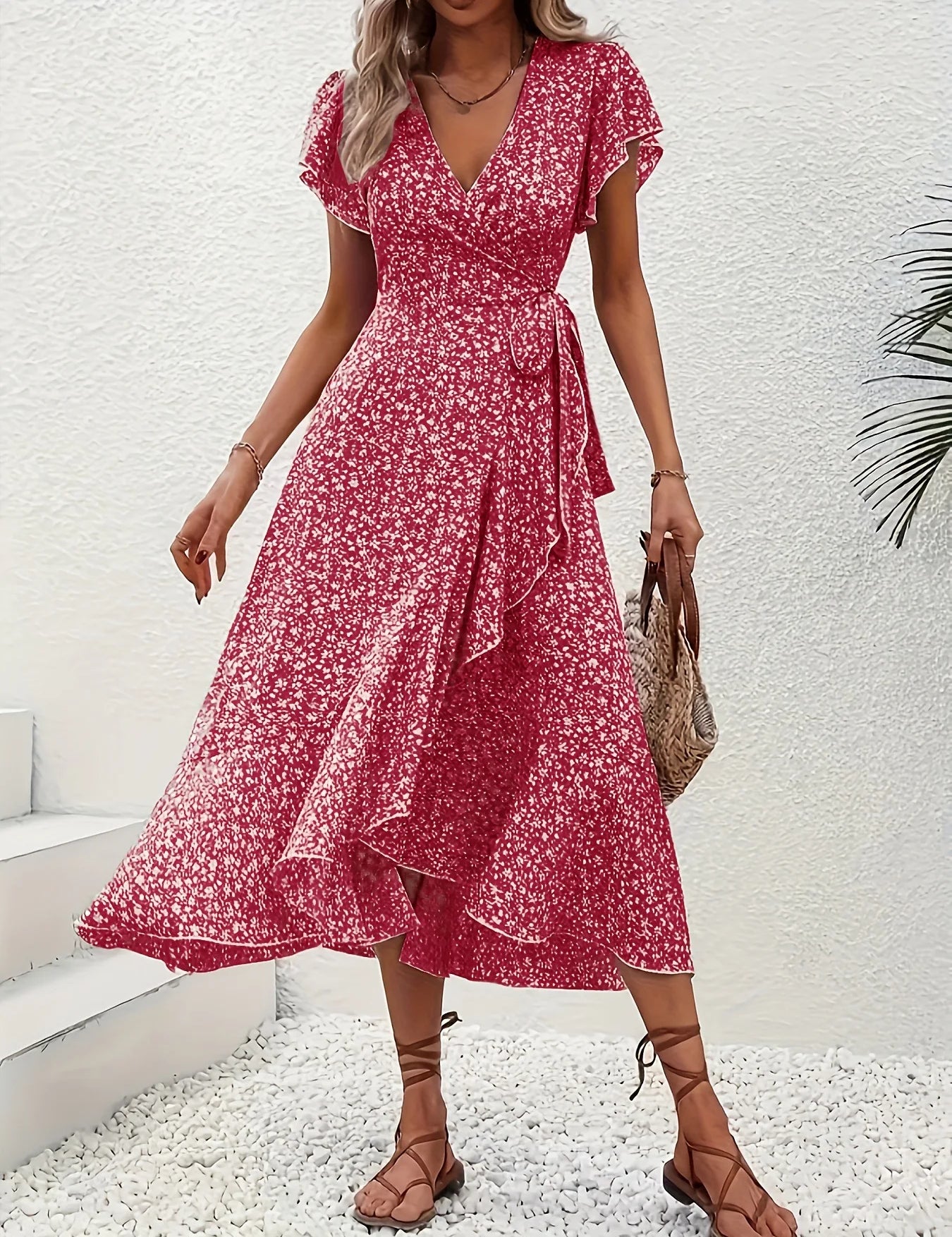 Vestido mini cruzado floral con escote en V para mujer, mangas cortas y lazo en la cintura