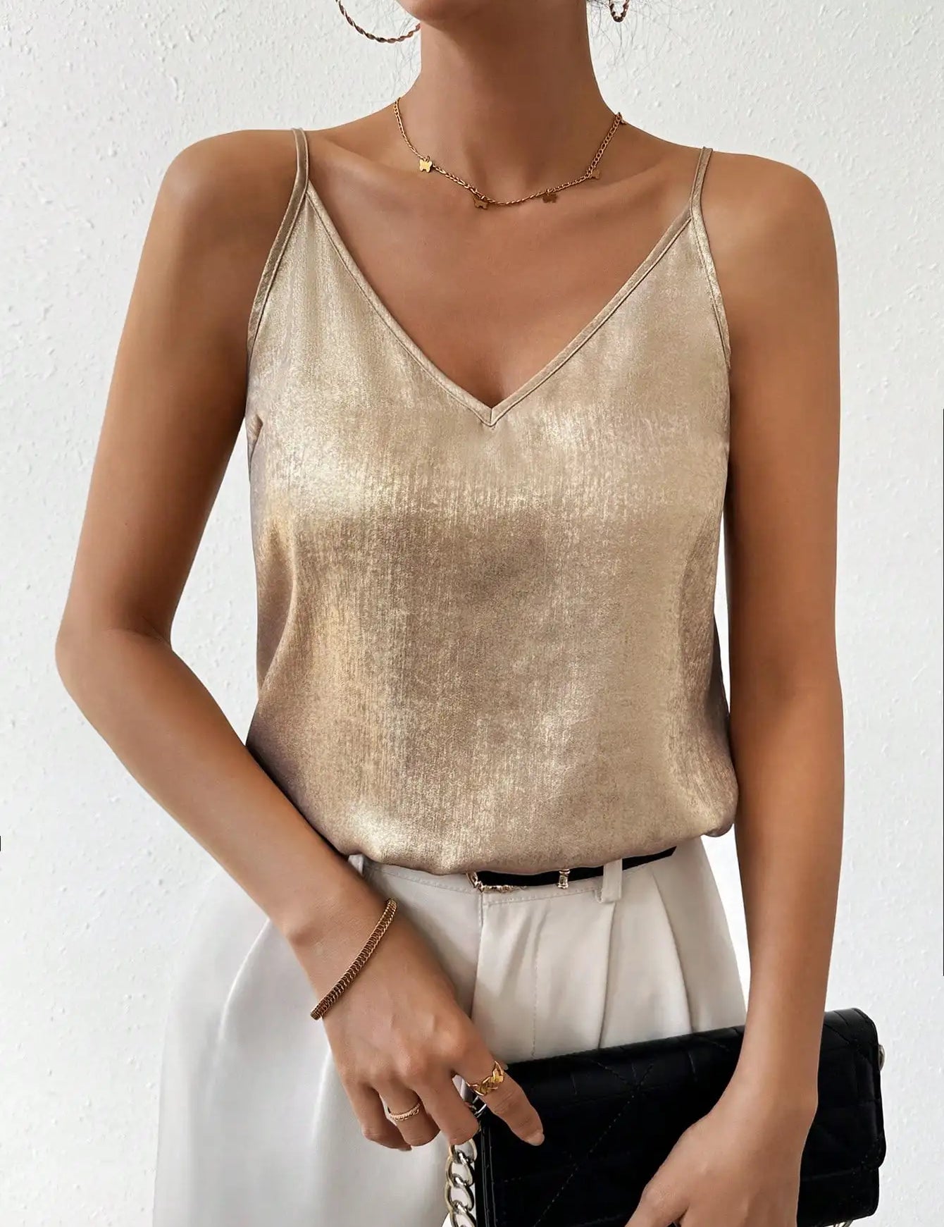Top de tirantes finos con escote en V metalizado para mujer