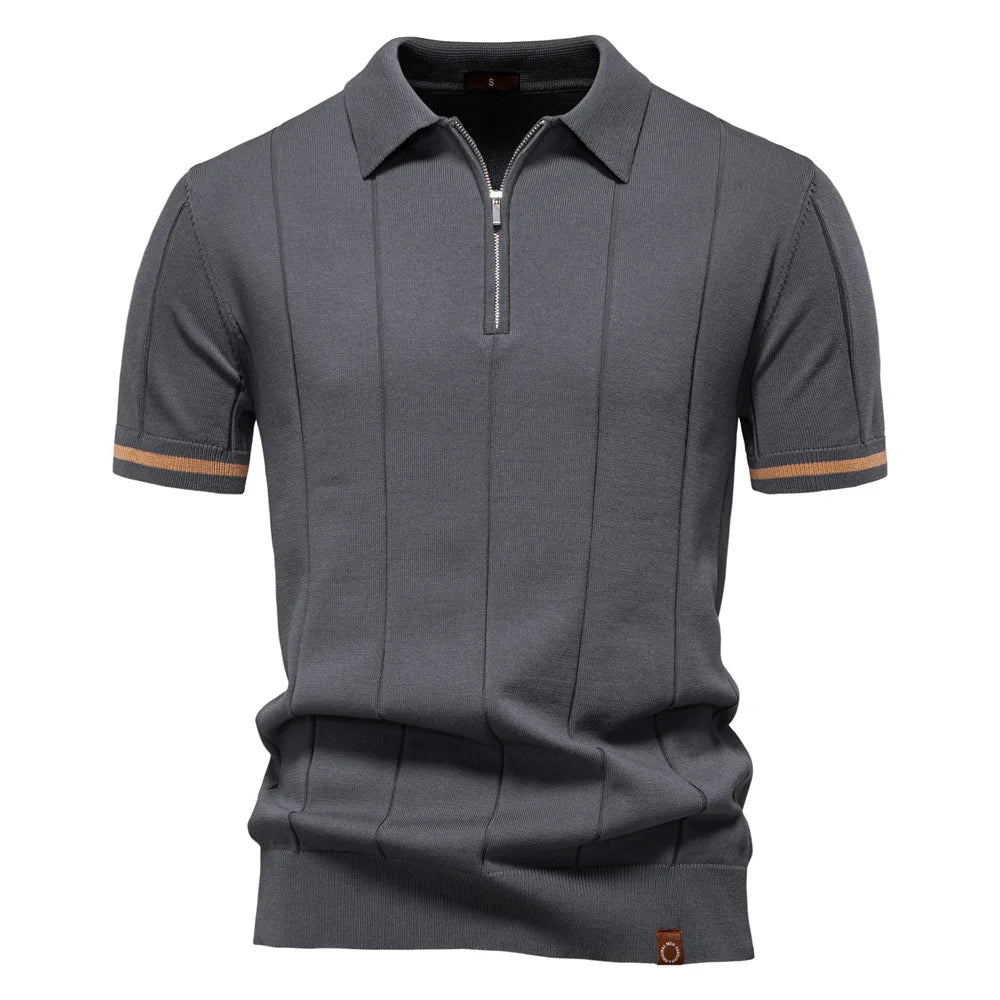 Polo de manga corta con cremallera para hombre, ribete en contraste y corte ajustado