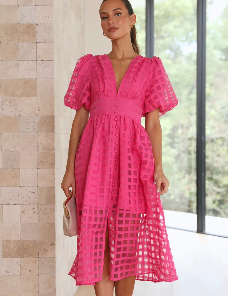 Vestido largo para mujer con transparencias de rejilla y mangas abullonadas