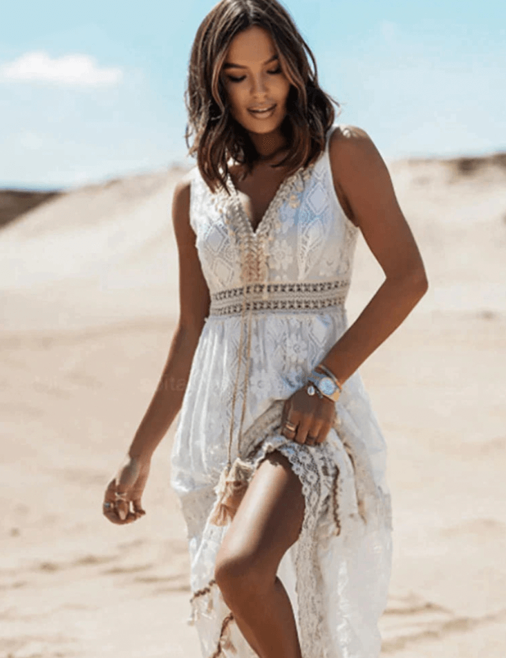 Vestido largo bohemio de encaje con escote en V y abertura hasta el muslo para mujer