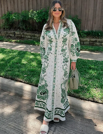 Vestido largo estampado de manga larga para mujer