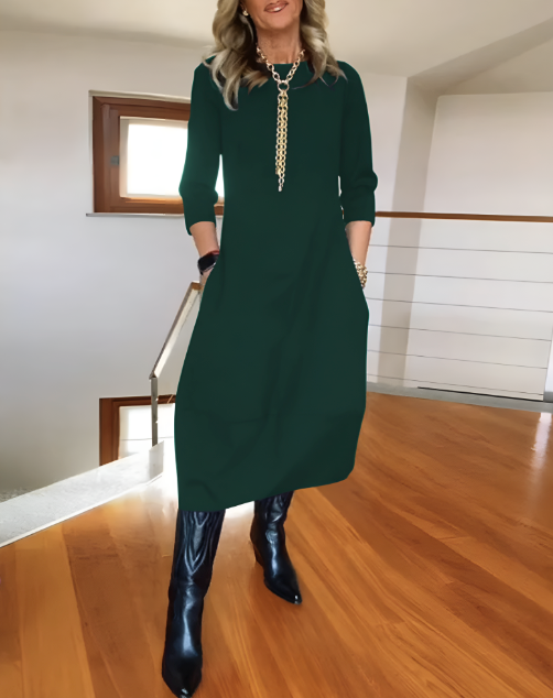 Vestido midi elegante para mujer: estilo minimalista de trabajo con mangas 3/4