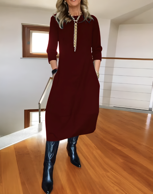 Vestido midi elegante para mujer: estilo minimalista de trabajo con mangas 3/4