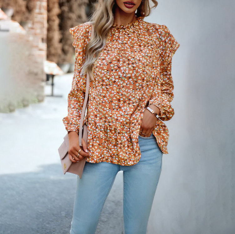 Blusa elegante de manga larga con estampado floral para mujer