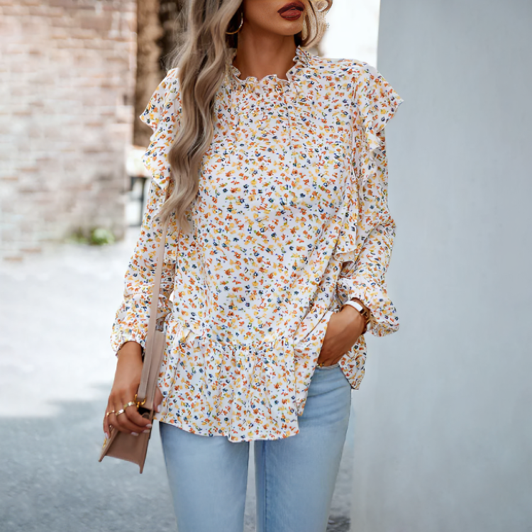 Blusa elegante de manga larga con estampado floral para mujer