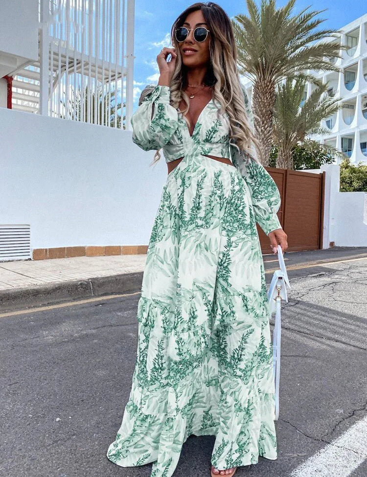 Vestido largo de mujer con escote en V y manga larga con corte en la cintura