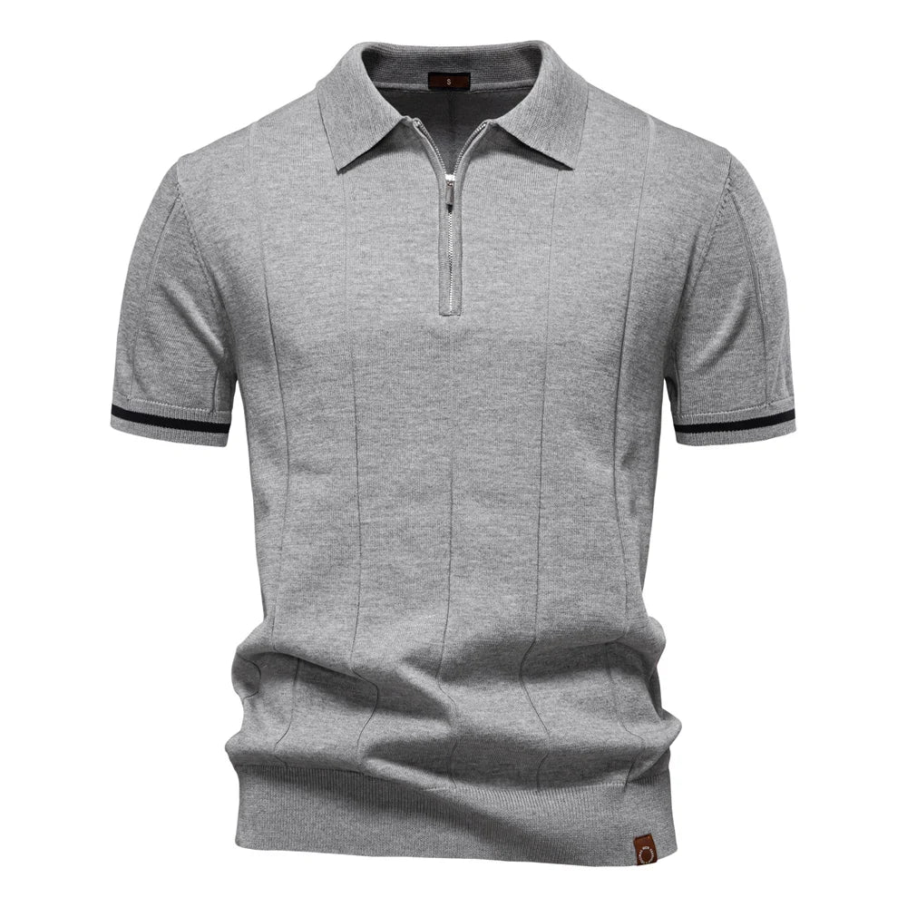 Polo de manga corta con cremallera para hombre, ribete en contraste y corte ajustado
