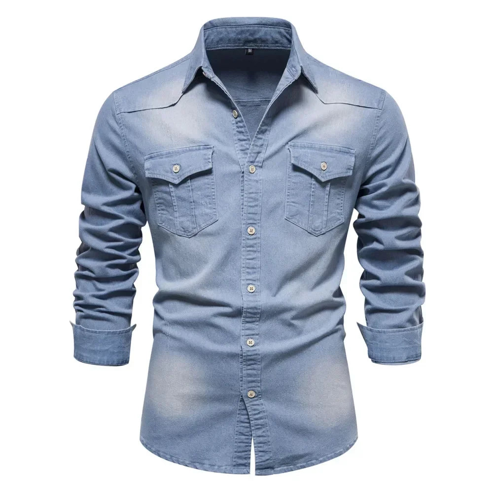 Camisa de manga larga ajustada para hombre con botones delanteros y cuello clásico