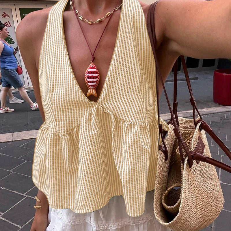 Top corto estilo babydoll con cuello halter, lazo en la espalda y rayas para mujer