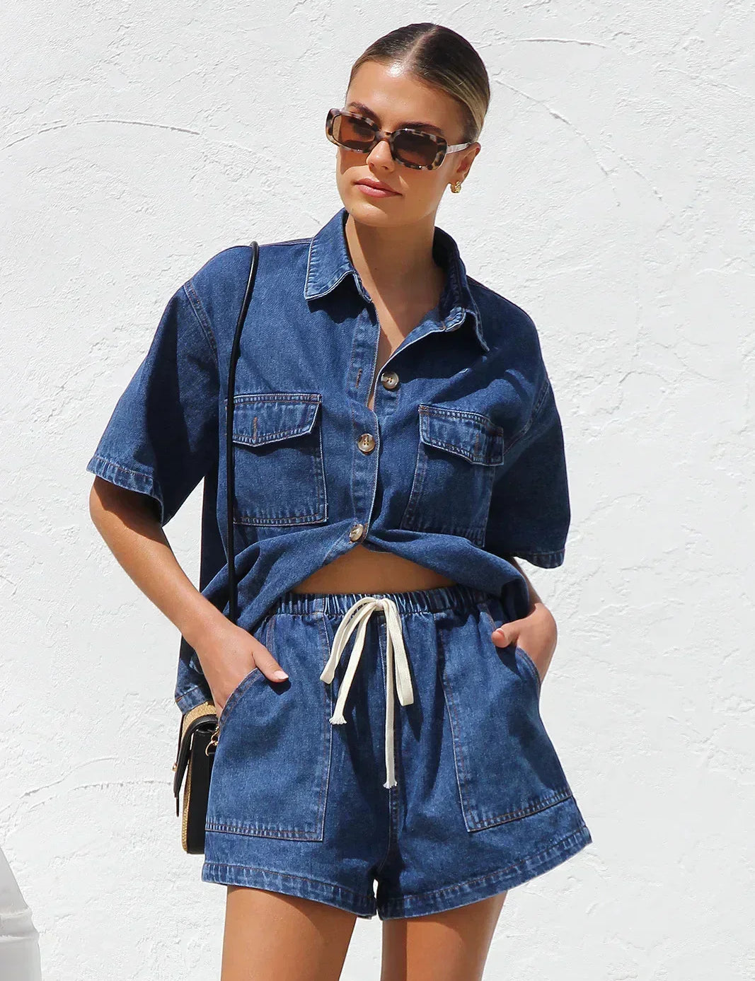 Conjunto de dos piezas de mezclilla para mujer: pantalón corto y chaqueta estilo camisa