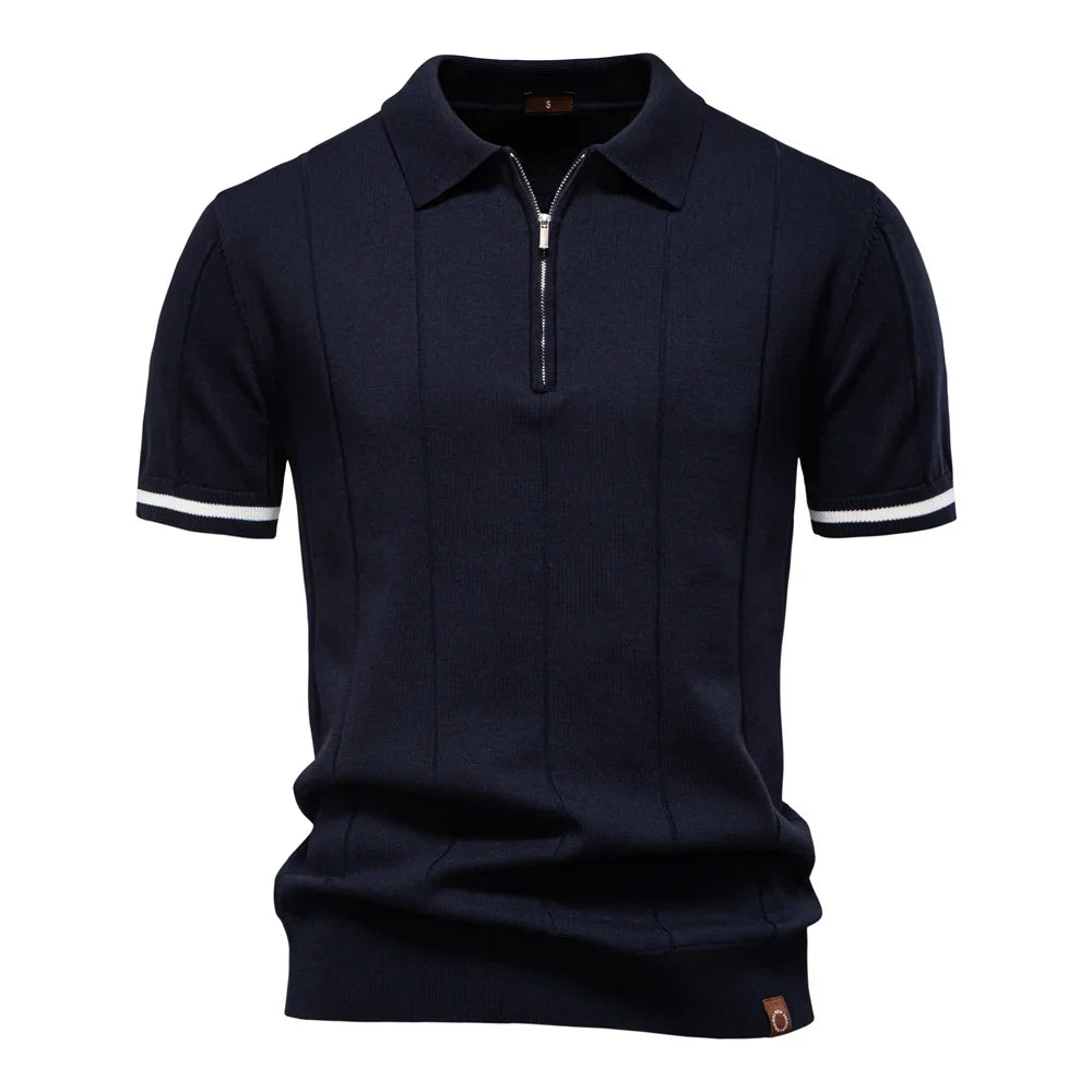 Polo de manga corta con cremallera para hombre, ribete en contraste y corte ajustado