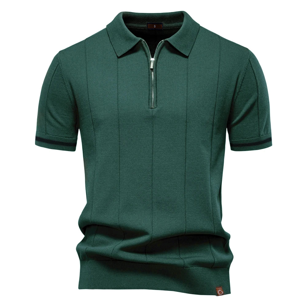 Polo de manga corta con cremallera para hombre, ribete en contraste y corte ajustado