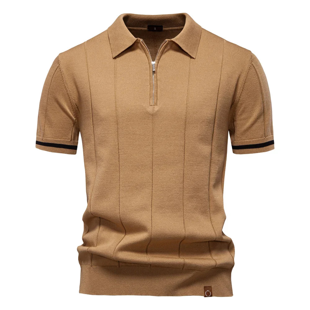 Polo de manga corta con cremallera para hombre, ribete en contraste y corte ajustado