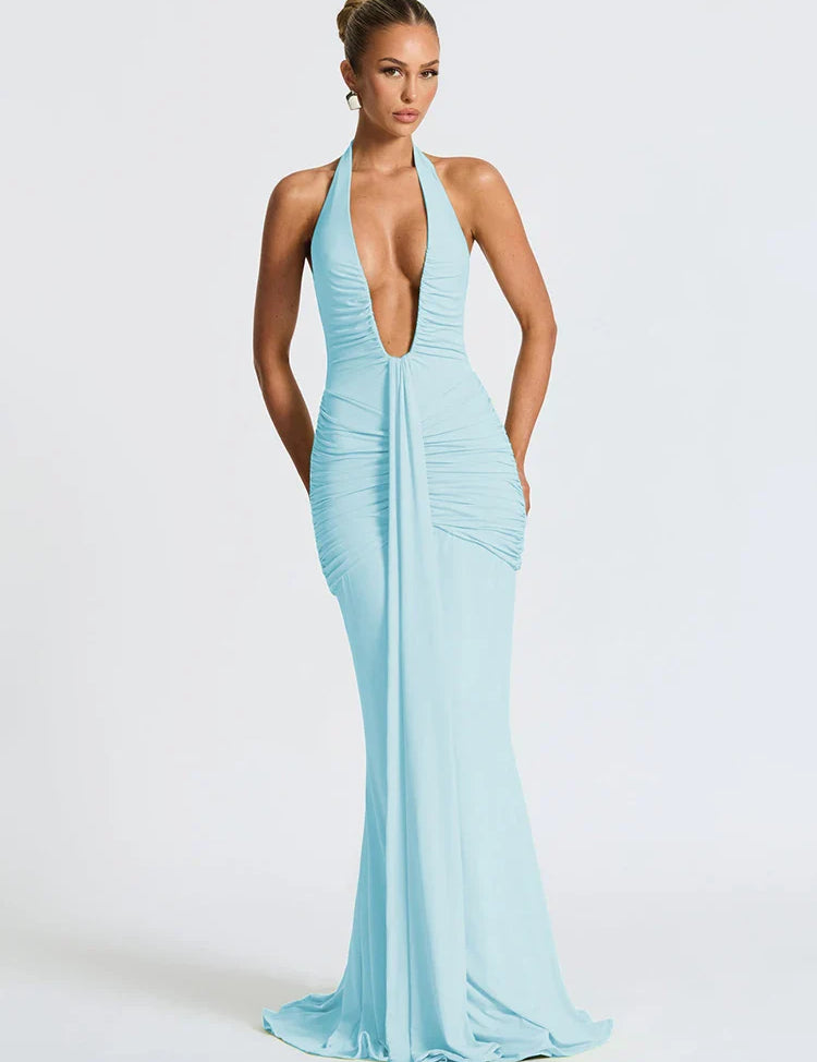 Vestido largo halter para mujer con escote en V profundo y cintura fruncida drapeada