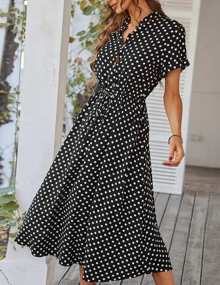 Vestido midi de lunares con botones y detalle de lazo en la cintura para mujer