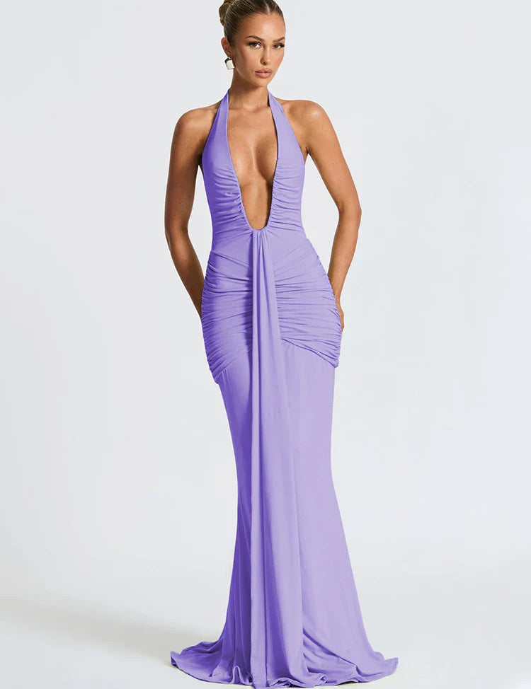 Vestido largo halter para mujer con escote en V profundo y cintura fruncida drapeada