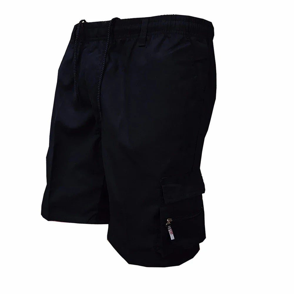 Pantalones cortos tácticos cargo para hombre con múltiples bolsillos y cintura con cordón.