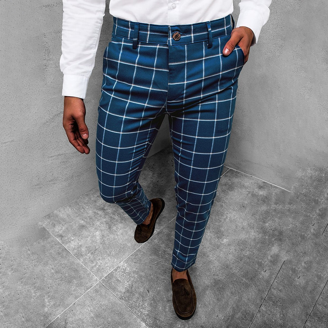 Pantalones de trabajo a cuadros para hombre, corte entallado, pierna recta y estampados