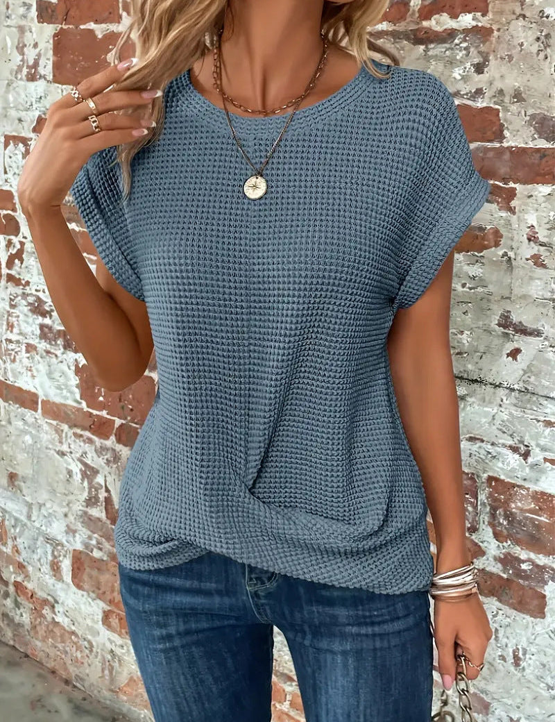 Blusa texturizada de manga corta con botones para mujer y corte clásico