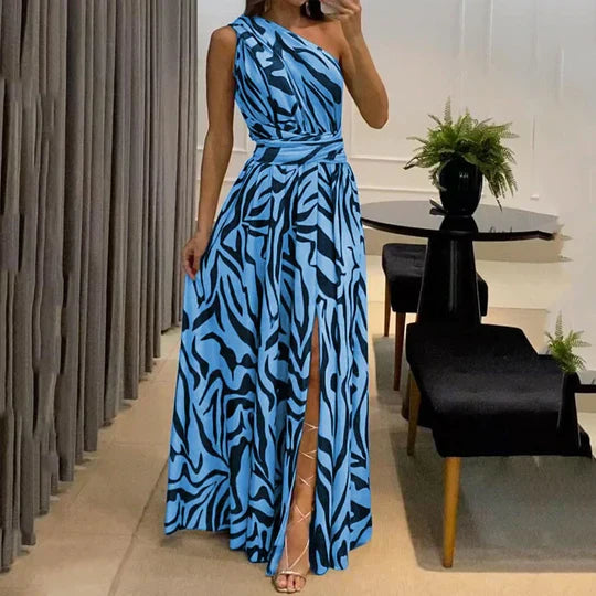 Vestido largo con estampado de cebra de un solo hombro y cinturón para mujer