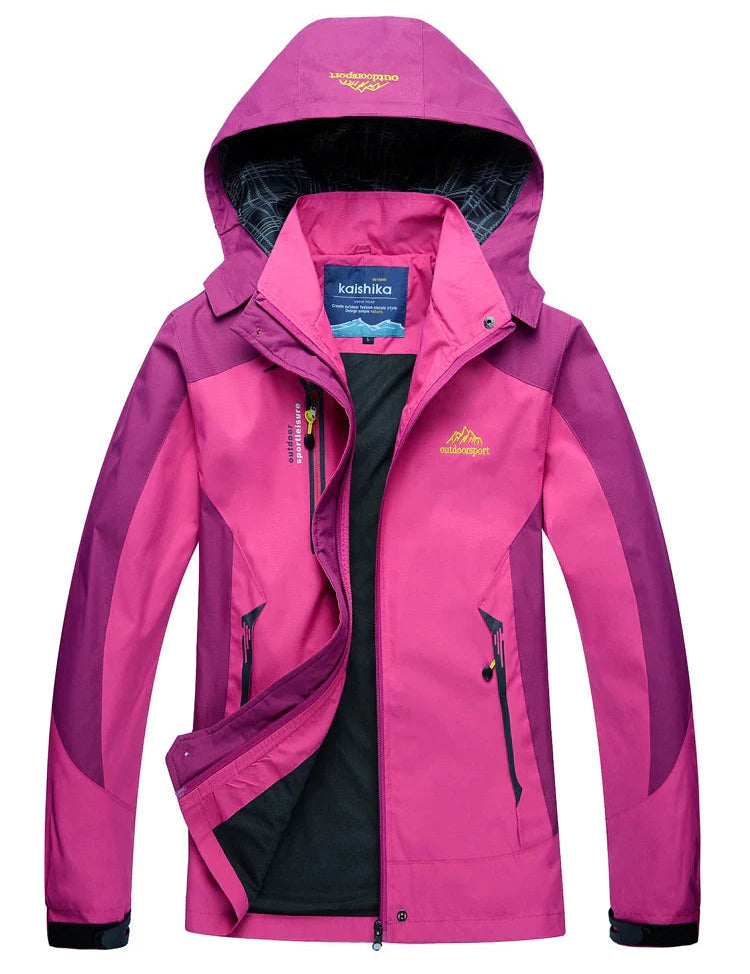 Chaqueta cortavientos impermeable para mujer con diseño deportivo con capucha