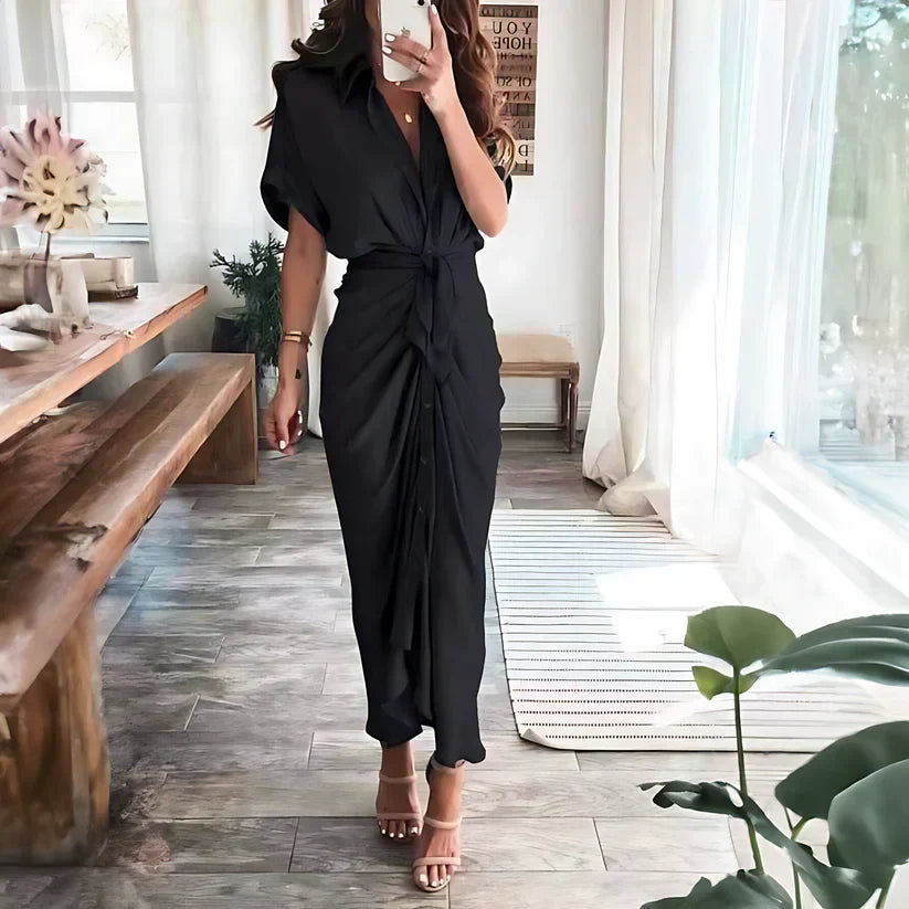 Vestido camisero largo fruncido para mujer con lazo en la cintura y botones en la parte delantera