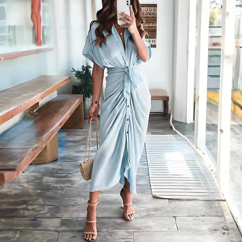 Vestido camisero largo fruncido para mujer con lazo en la cintura y botones en la parte delantera