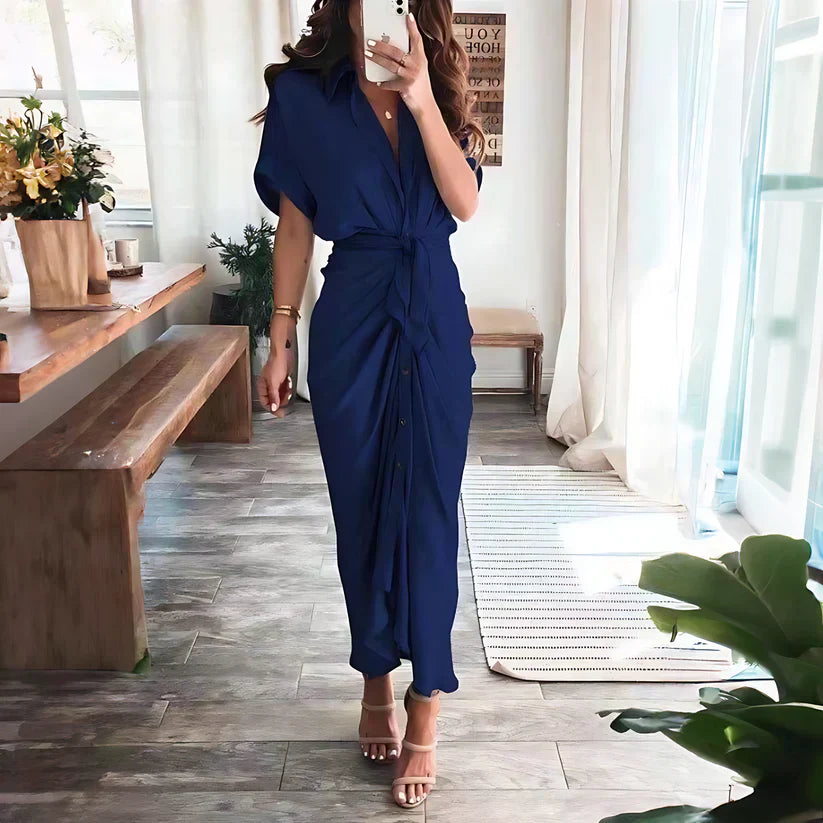 Vestido camisero largo fruncido para mujer con lazo en la cintura y botones en la parte delantera