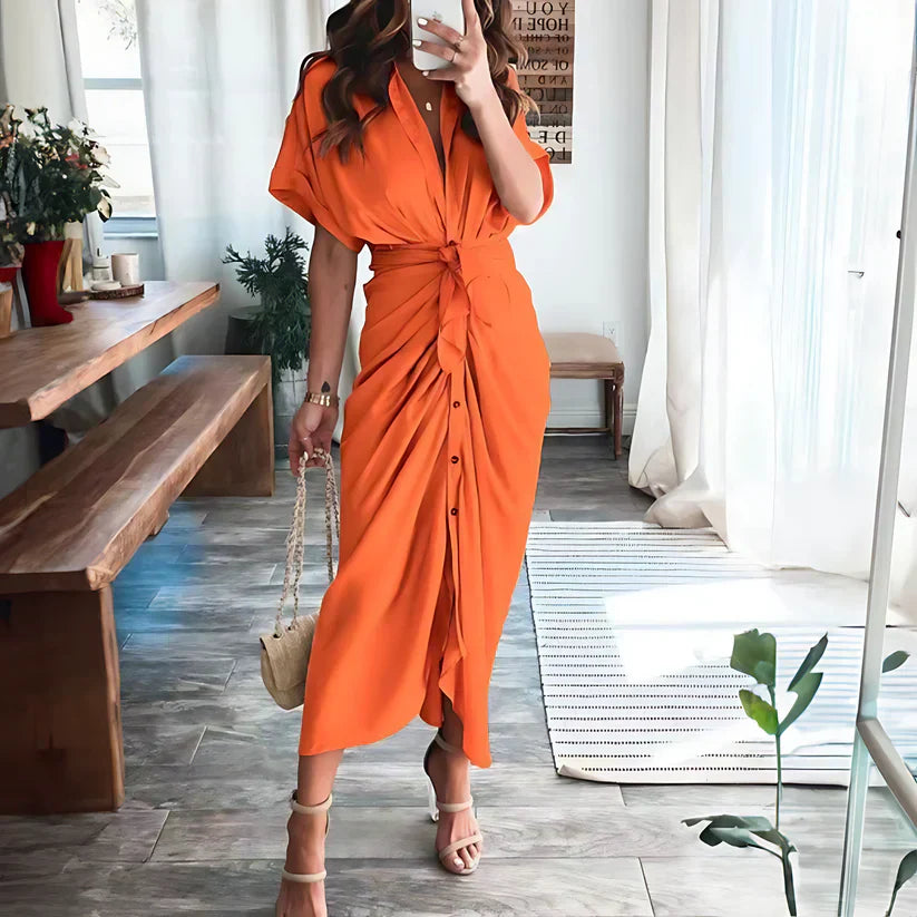 Vestido camisero largo fruncido para mujer con lazo en la cintura y botones en la parte delantera