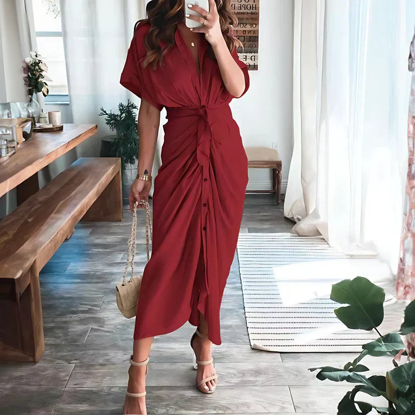 Vestido camisero largo fruncido para mujer con lazo en la cintura y botones en la parte delantera